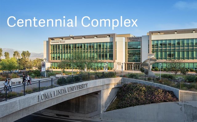 Backside view of the beautiful Centennial Complex building. There are clear blue skies in the background. From this view, we can see students walking on the bridge that crosses over Stewart street.