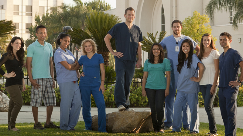 Diverse group of current students standing next to palm tree